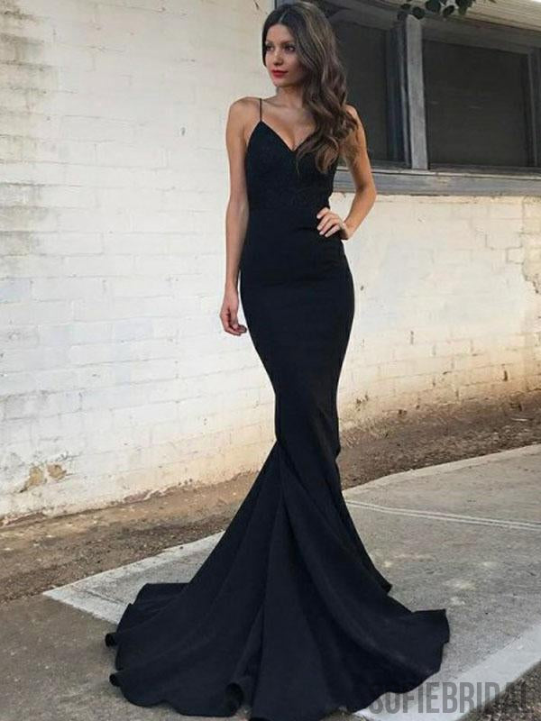 Black V-neck Spaghetti Long Mermaid Prom Dresses, Cheap Prom Dresses, PD0709