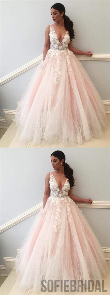 V-neck Prom Dresses, Appliques Prom Dresses, Blush Pink Prom Dresses, Newest Prom Dresses, PD0656