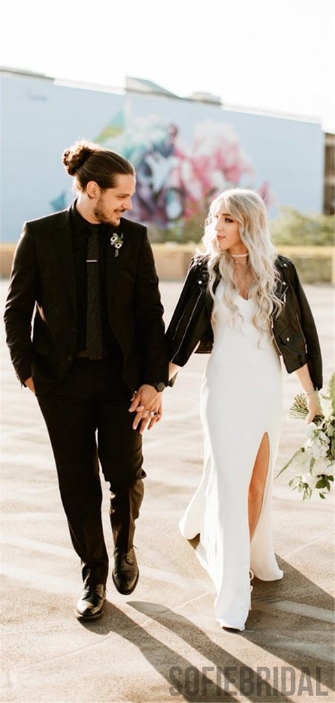 Sheath V-neck Sleeveless Simple Cheap Long Backless Wedding Dresses With Train, WD0480