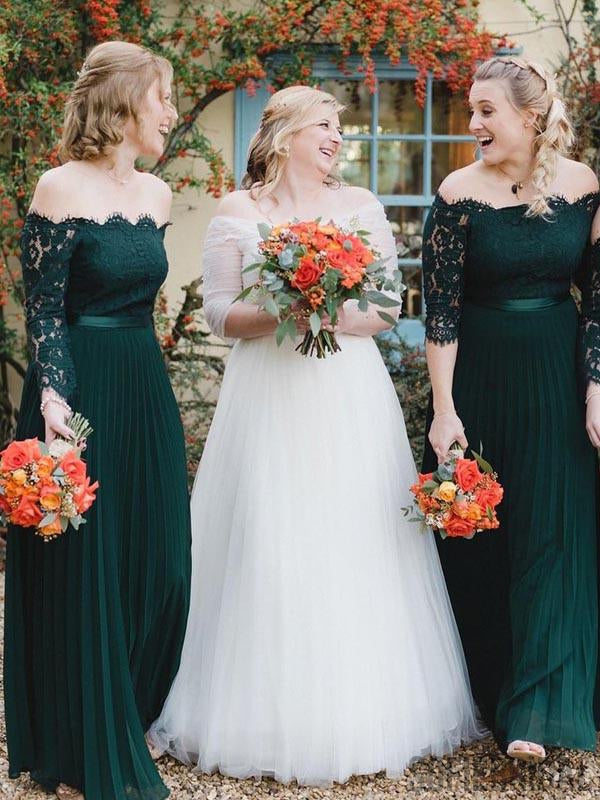 Off Shoulder Long Sleeves Emerald Green Bridesmaid Dresses, PD0898
