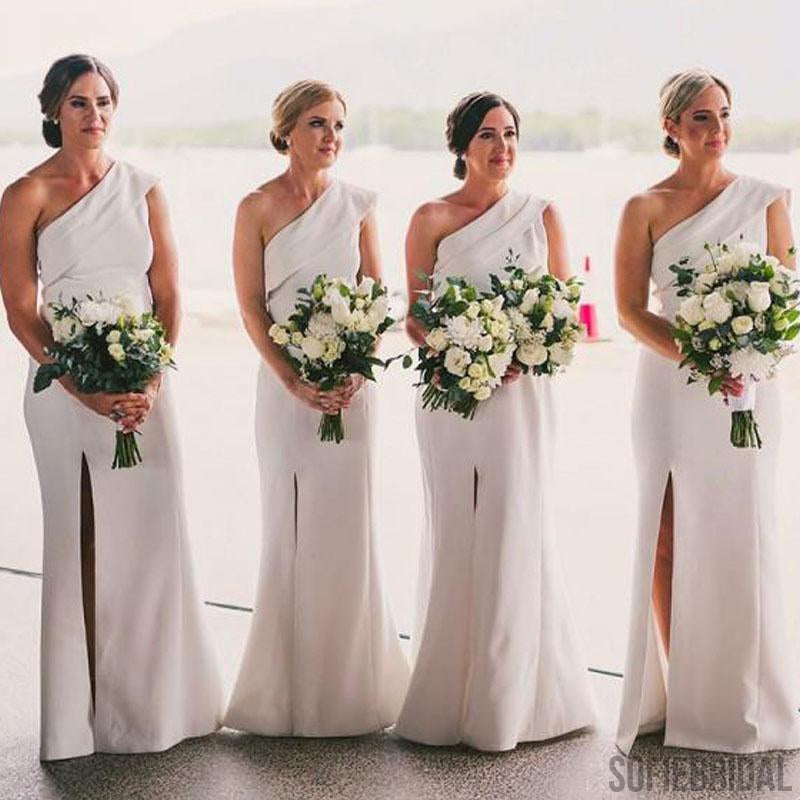 One Shoulder White Bridesmaid Dresses, Side Slit Bridesmaid Dresses, Long Bridesmaid Dresses, PD0706