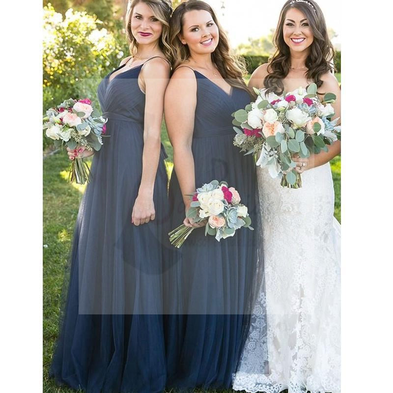 Simple A-line V-neck Tulle Navy Long Bridesmaid Dresses.PD0485
