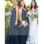 Simple A-line V-neck Tulle Navy Long Bridesmaid Dresses.PD0485