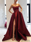 Strapless Long Side Slit Satin Prom Dresses, Cheap Prom Dresses, Long Prom Dresses, PD0729
