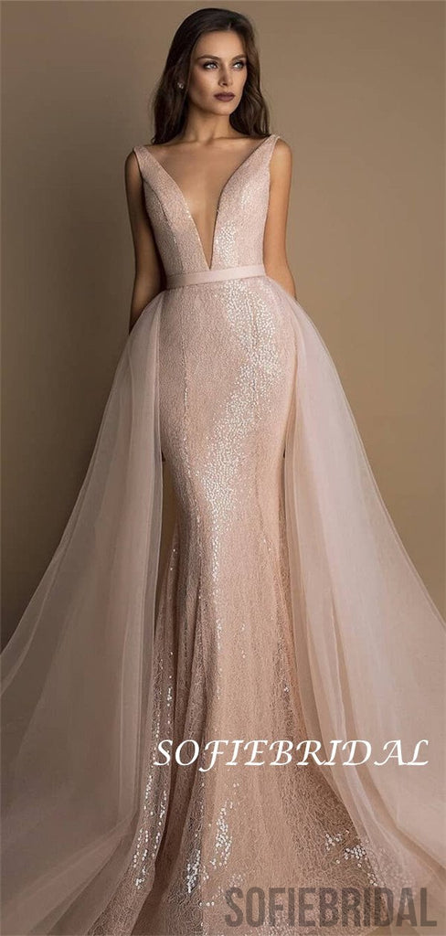 Mermaid Deep V-neck Sleeveless Sparkly Detachable Tulle Prom Dresses, PD0119