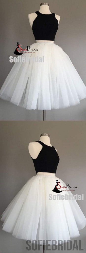 2 Pieces Black Top White Tulle Homecoming Dresses, Homecoming Dresses, Cheap Homecoming Dresses, SF0100