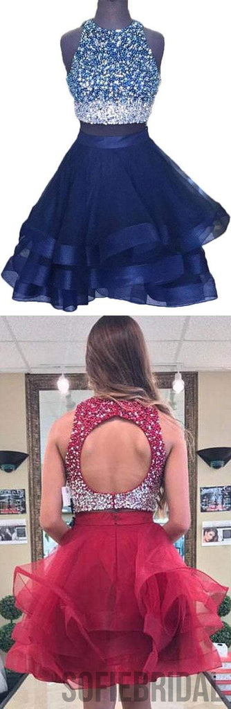 2 Pieces Beaded Tulle Homecoming Dresses, Open Back Homecoming Dresses, Homecoming Dresses, SF0123