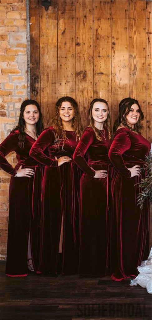 Sheath Long Sleeves V-back Long Burgundy Velvet Bridesmaid Dresses, BD1062