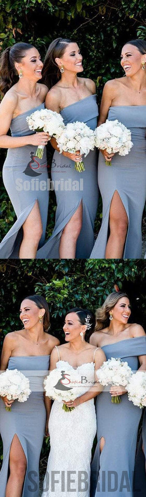 Off Shoulder Dusty blue Bridesmaid Dresses, Side Slit Bridesmaid Dress, Cheap Bridesmaid Dresses, PD0491