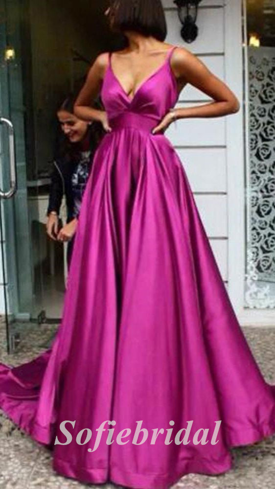 Sexy Soft Satin Spaghetti Straps V-Neck Sleeveless Backless A-Line Long Prom Dresses,PD0769