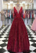 A-line Floor-length Sleeveless Deep V-neck Red Prom Dresses, PD0054