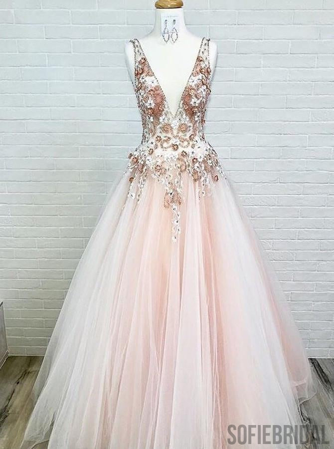 Charming A-Line V-Neck Floor-Length Appliques Beading Prom Dress, PD0066