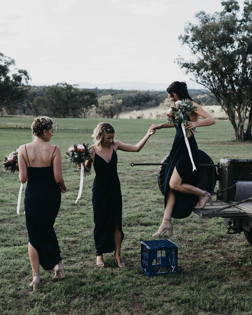 Spaghetti Long Sheath Side Slit Black Bridesmaid Dresses, PD0897