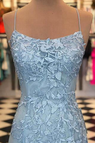 Blue Lace Applique Mermaid Sexy Cheap Long Prom Dresses, PD0059