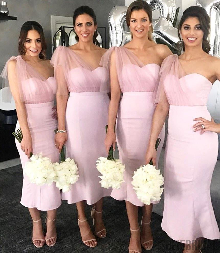 Mermaid One-shoulder Short Pink Bridesmaid Dresses, BD1065