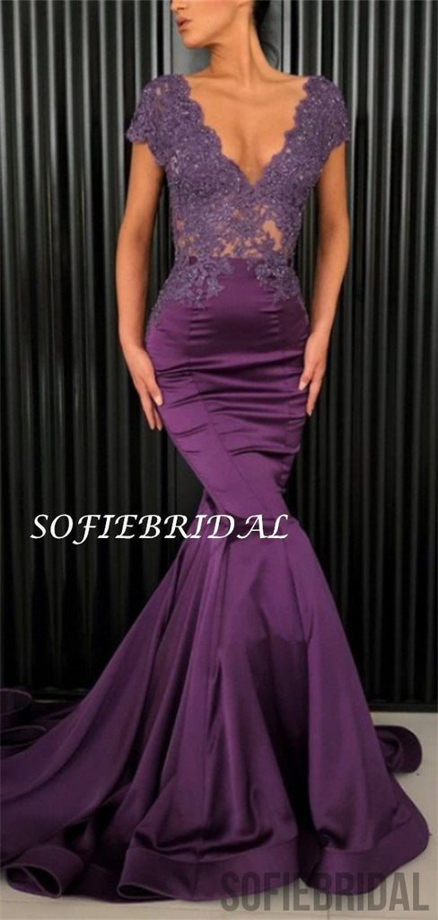 Mermaid V-neck Short Sleeves Lace Top Long Purple Prom Dresses, PD1050