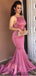 Mermaid Halter Zipper Back Simple Prom Dresses With Train, PD0035