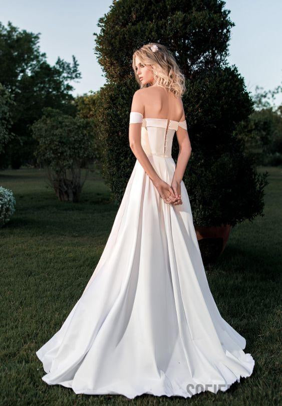 Off Shoulder Long A-line Satin Simple Wedding Dresses, WD0302