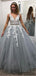Gray V Neck Appliques Ball Gown with Beading Long Prom Dresses, PD0068