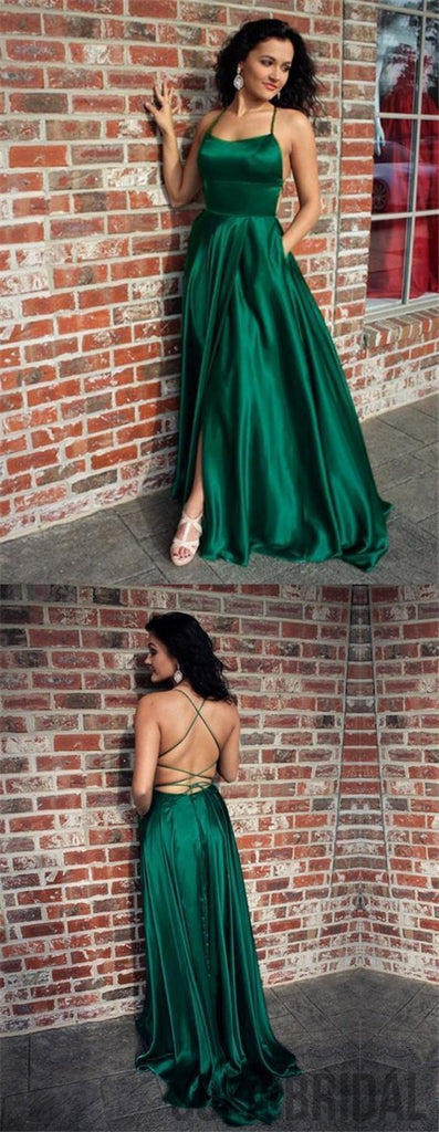 Green Satin Prom Dresses, Side Slit Prom Dresses, Cheap Prom Dresses, Long Prom Dresses, PD0662