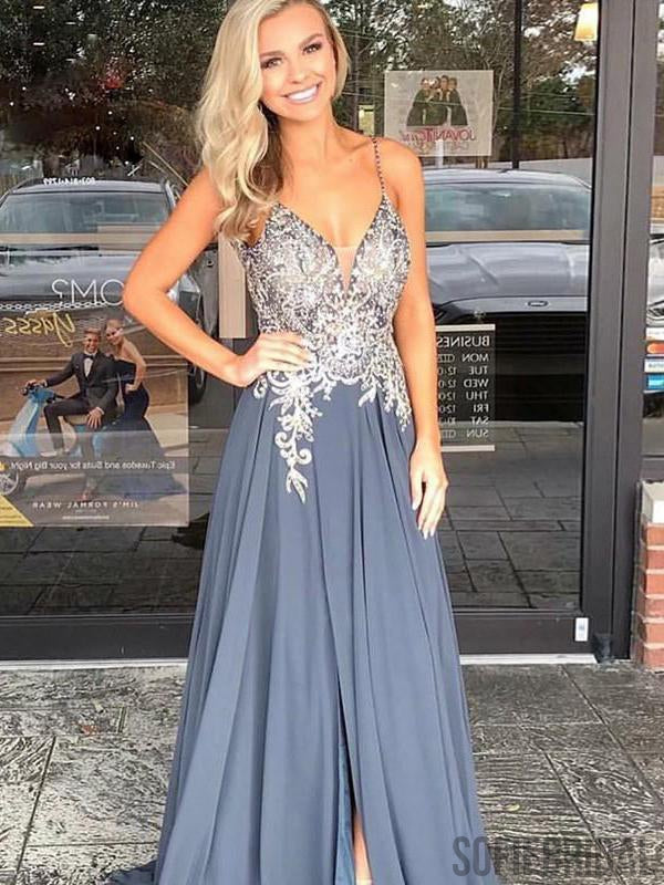 Spaghetti Lace Prom Dresses, A-line Side Slit Prom Dresses, Cheap Prom Dresses, PD0671