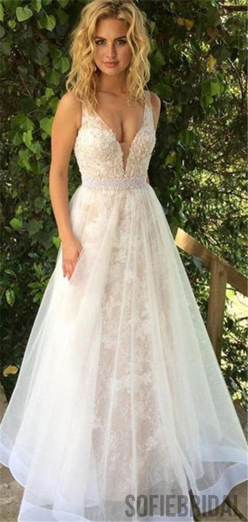 A-line Deep V-neck Lace Appliques Long Tulle Prom Dresses, PD0037