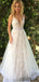 A-line Deep V-neck Lace Appliques Long Tulle Prom Dresses, PD0037
