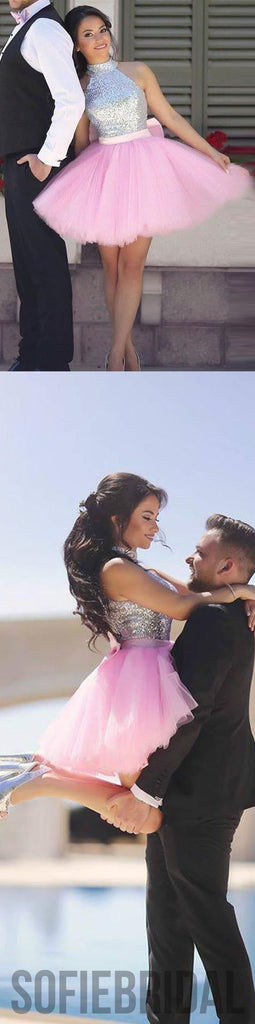 Silver Sequin Top Homecoming Dresses, Pink Homecoming Dresses, Cheap Homecoming Dresses, SF0107