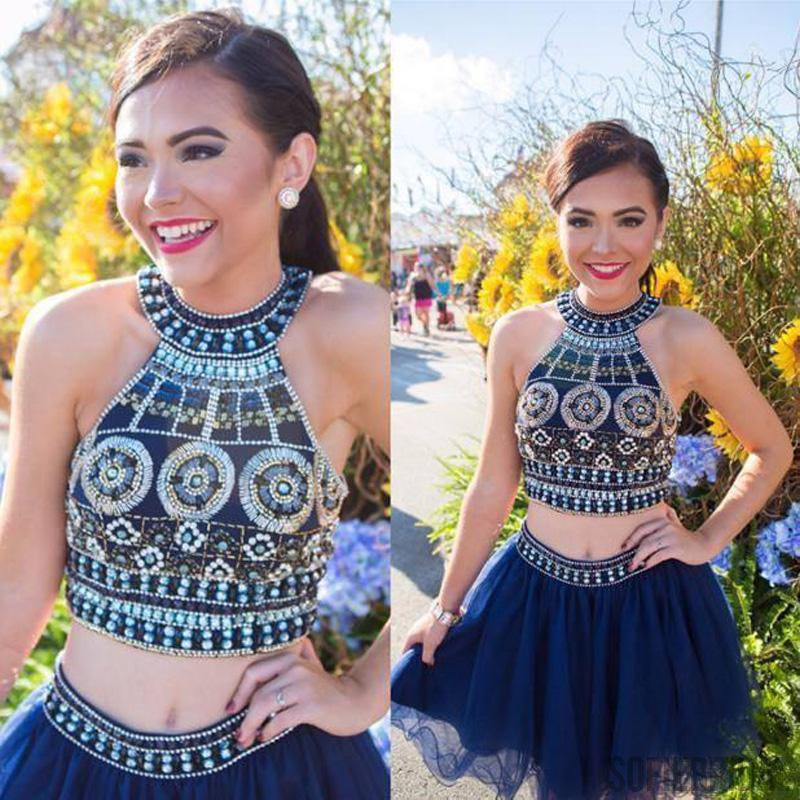 2 Pieces Navy Homecoming Dresses, Rhinestone Beaded Homecoming Dresses, Homecoming Dresses, SF0106