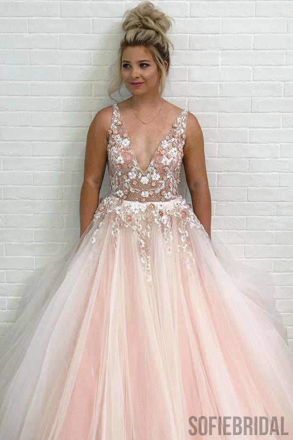 Charming A-Line V-Neck Floor-Length Appliques Beading Prom Dress, PD0066