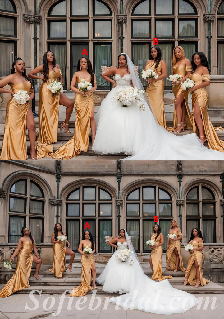 Mismatched Sexy Soft Satin Mermaid Side Slit Floor Length Bridesmaid Dressses, SFWG00456