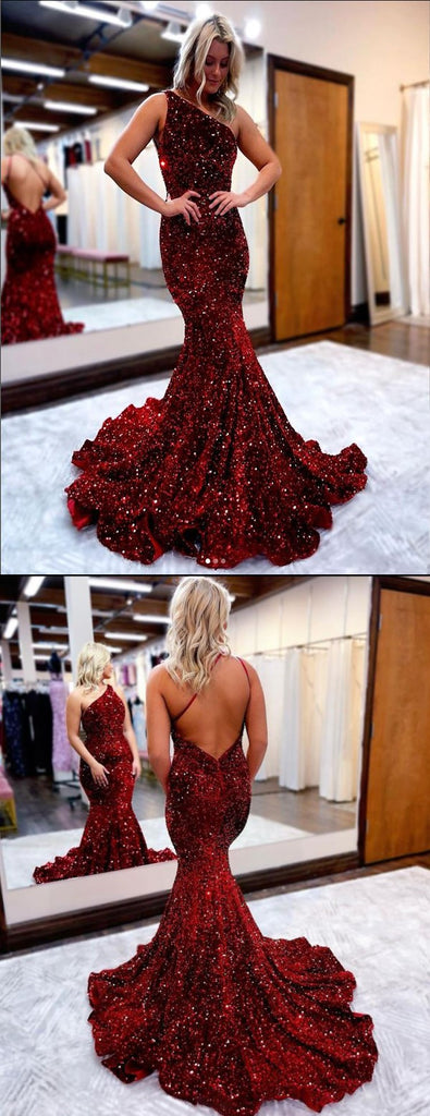 Red Sequin One Shoulder Backless Mermaid Evening Prom Dress,SFPD0187