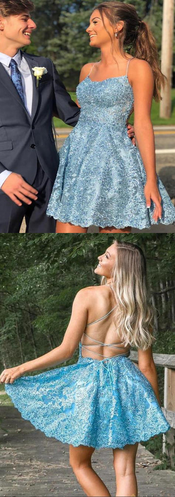 Sky Blue Spaghetti Straps A-line Lace Backless Short Homecoming Dresses,HD0205