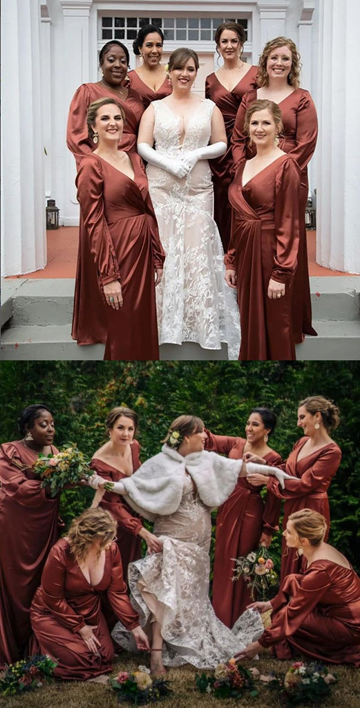 Rust Satin V-Neck Long Sleeves Column Floor Length Long Bridesmaid Dresses, SFWG00420