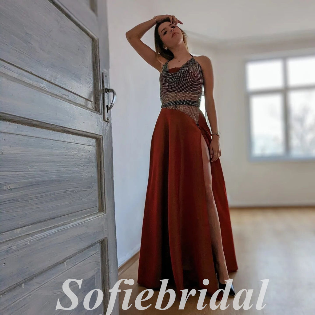 Sexy Satin And Tulle Halter Sleeveless Side Slit A-Line Long Prom Dresses, PD0839