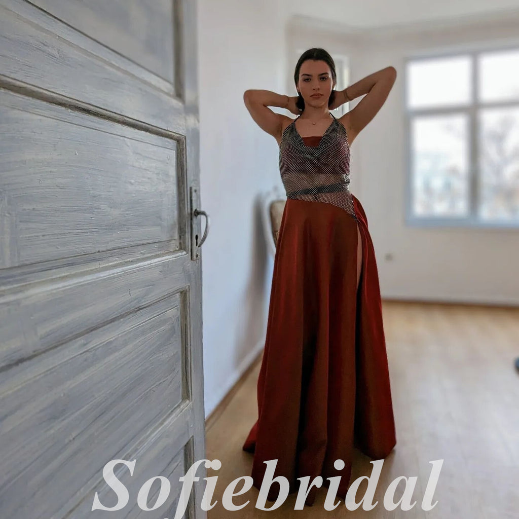 Sexy Satin And Tulle Halter Sleeveless Side Slit A-Line Long Prom Dresses, PD0839