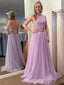 Two Piece Halter Backless Lavender Lace Tulle Prom Dress, PD0065