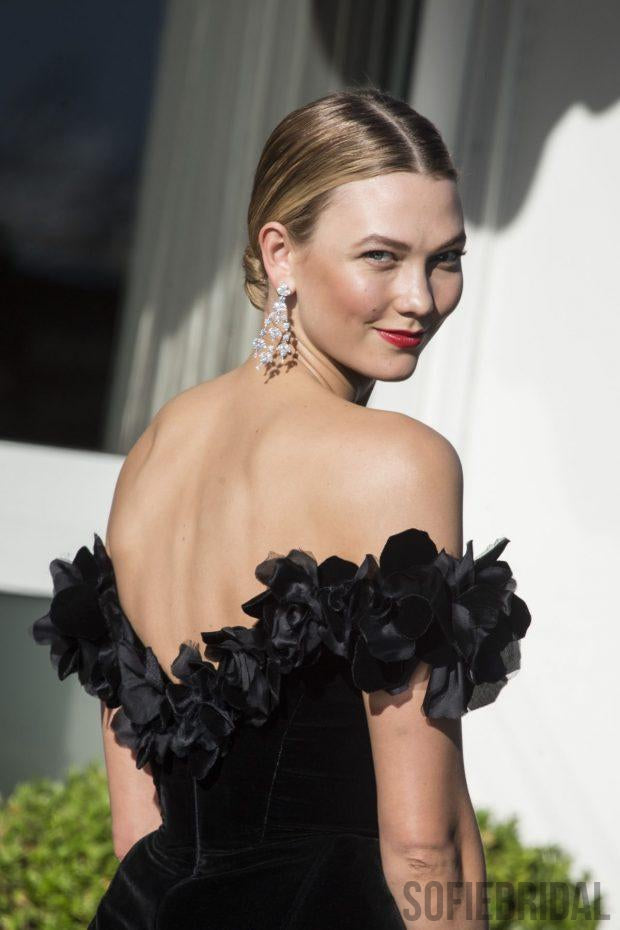 Karlie Kloss Black Off Shoulder Dresses, Long Side Slit Prom Dresses, PD0735