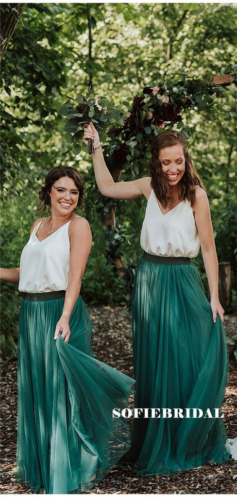 A-line Straps V-neck Sleeveless Long Tulle Bridesmaid Dresses, BD1082