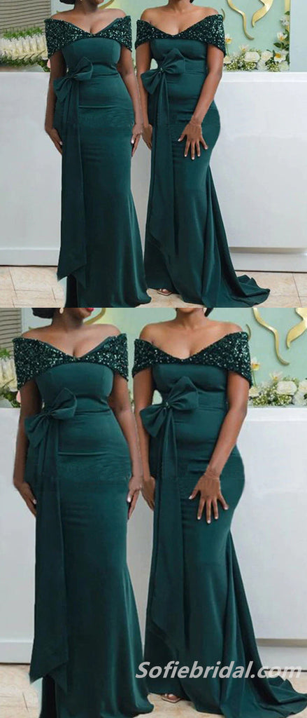 Sexy Sequin And Soft Satin Off Shoulder V-Neck Mermaid Floor Length Bridesmaid Dressses, SFWG00454