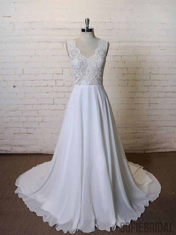 Sexy Backless See Through Lace V Neck A-line Cheap Beach Wedding Dresses Online, WD387