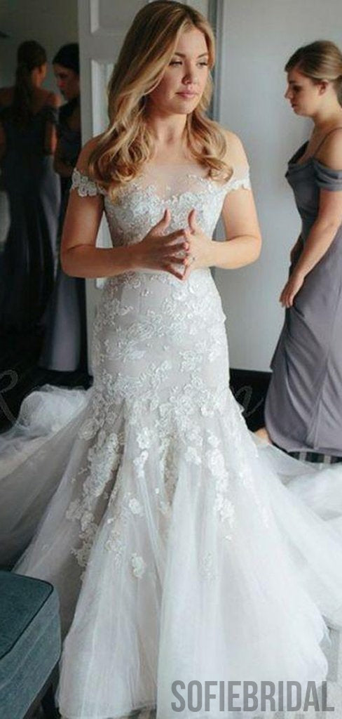 Off Shoulder Appliques Tulle Mermaid Long Train Wedding Dresses, WD0282