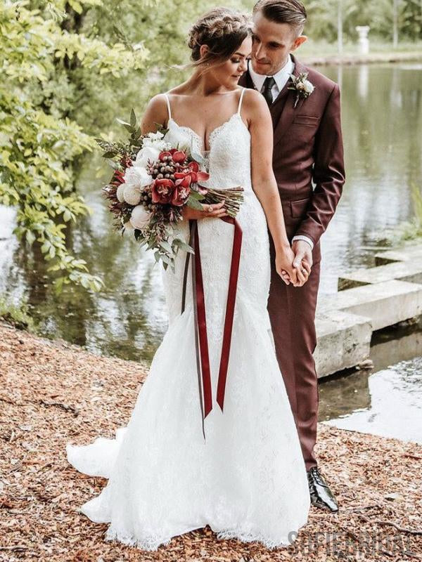 Spaghetti Long Mermaid Ivory Lace Tulle Wedding Dresses, Bridal Gown, WD0283