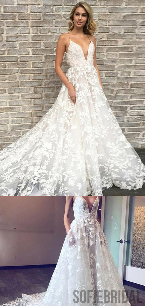 V-neck Long A-line Lace Wedding Dresses, Popular Wedding Dresses, WD0279