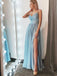 Spaghetti Light Blue Prom Dresses, Side Slit Prom Dresses, Chiffon Lace Prom Dresses, PD0716