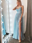 Spaghetti Light Blue Prom Dresses, Side Slit Prom Dresses, Chiffon Lace Prom Dresses, PD0716