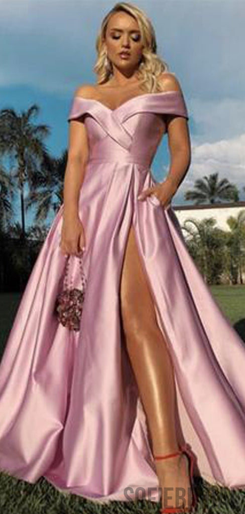 Off Shoulder Long A-line Pink Side Slit Prom Dresses, PD0973