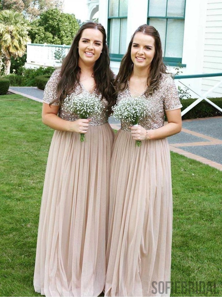 A-line V-neck Short Sleeves Sequins Long Tulle Bridesmaid Dresses, BD0573