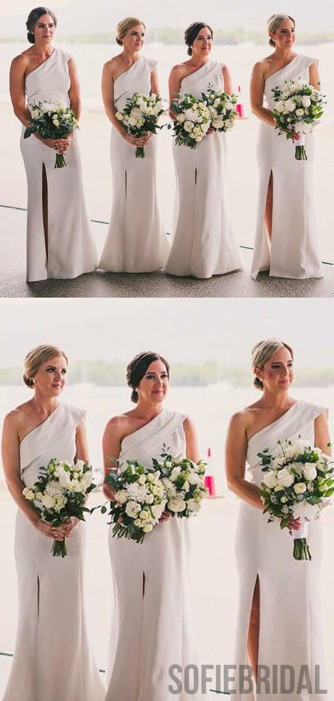 One Shoulder White Bridesmaid Dresses, Side Slit Bridesmaid Dresses, Long Bridesmaid Dresses, PD0706