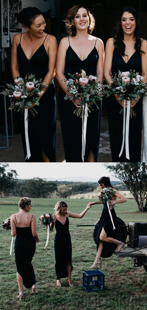 Spaghetti Long Sheath Side Slit Black Bridesmaid Dresses, PD0897